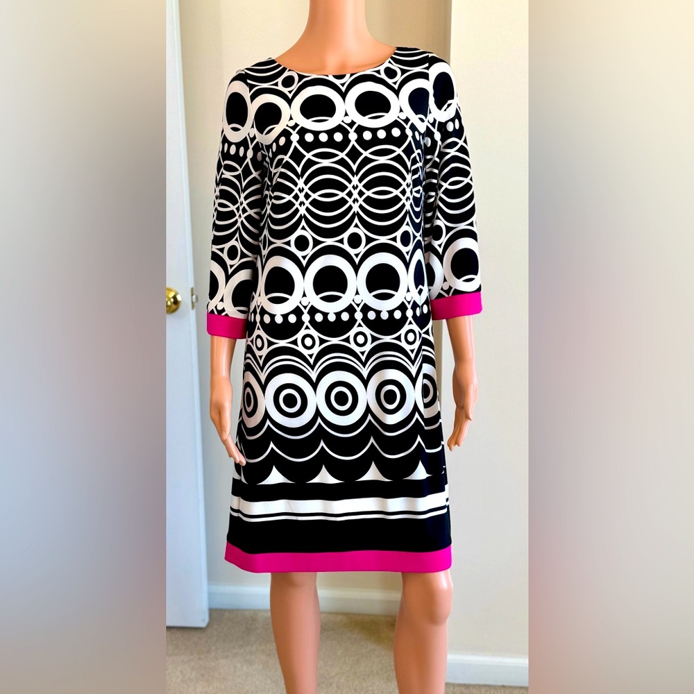 Jessica Howard Geometric Print Hot Pink 3/4 Sleeve Dress Office Church Size 6